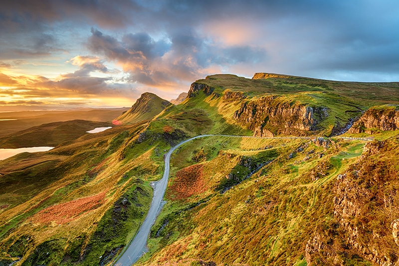 Dramatic sunrise sky over the Quiraing hills on the Trotternish peninsula on the Isle of Skye in the Highlands of Scotland