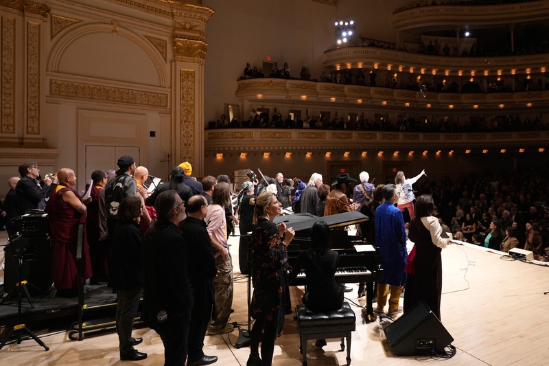 NEW YORK, NEW YORK - MARCH 03: Artists gather onstage for the finale during the 38th Annual Tibet House US Benefit Concert at Carnegie Hall on March 03, 2025 in New York City. (Photo by Ilya S. Savenok/Getty Images for Tibet House US)