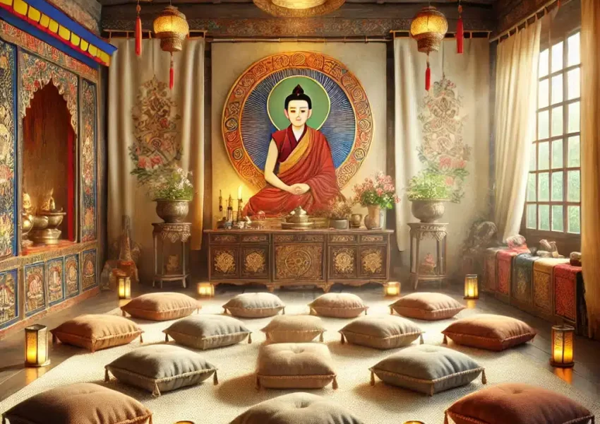 DALL_E2025-01-3117.00.49-ApeacefulandsereneimagedepictingaTibetanBuddhistteachingspacewithanimageofVenerableRobinaCourtin.Thescenefeaturesacalm_inviting_1024x1024